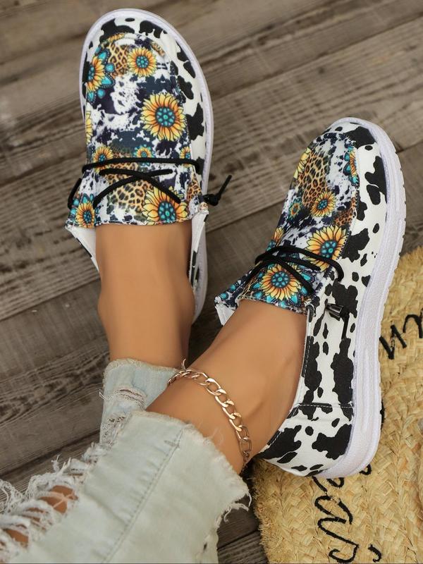 Women's Trendy Over Print Round Toe Slip-on Sneakers & Trainers, Fall Summer Cow & Floral & Leopard Pattern Sports Shoes, Girl Walking Shoes for Daily Footwear, Birthday Gifts