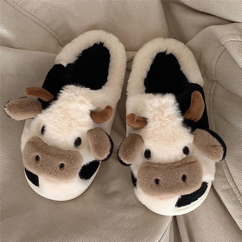 Fuzzy Cow Slippers For Women Cute Cotton Animals House Shoes Fluffy Plush Slippers Indoor Living Room Bedroom