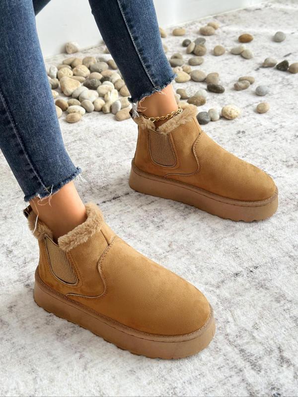 Women's Solid Color Plush Lining Snow Boots, Casual Comfortable Thick Sole Ankle Snow Boots for Fall & Winter, Female All-match Round Toe Shoes for Daily Wear