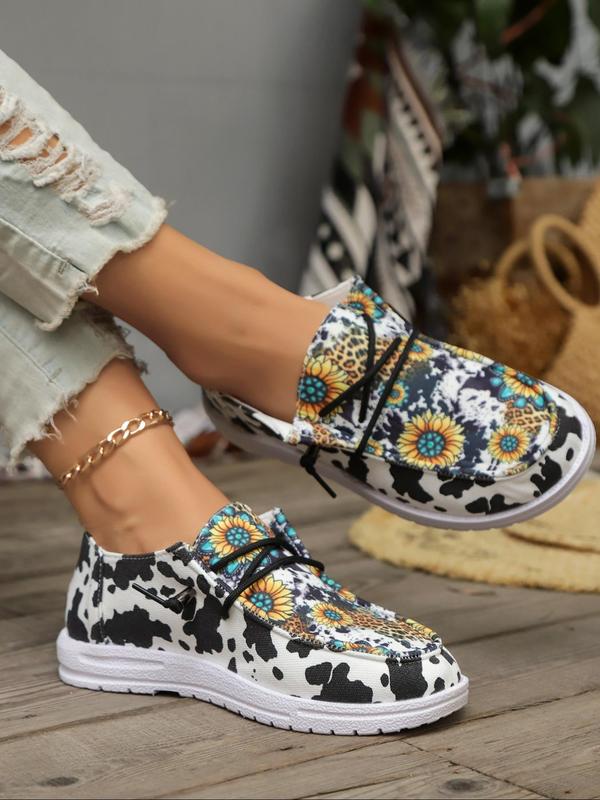 Women's Trendy Over Print Round Toe Slip-on Sneakers & Trainers, Fall Summer Cow & Floral & Leopard Pattern Sports Shoes, Girl Walking Shoes for Daily Footwear, Birthday Gifts