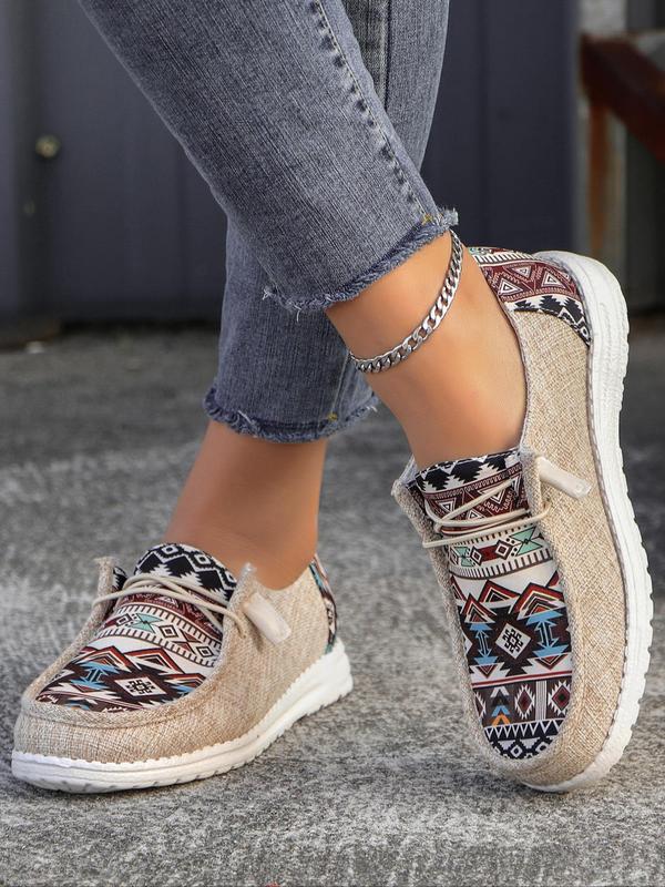 Women's Summer Fashionable Star & Striped Pattern Lace Up Front Canvas Shoes, Casual Comfortable Low Top Outdoor Shoes for Daily Wear, New Trendy Loafers, Fall Outfits, Fall Freshness for Fall 2024 Fall Outfits