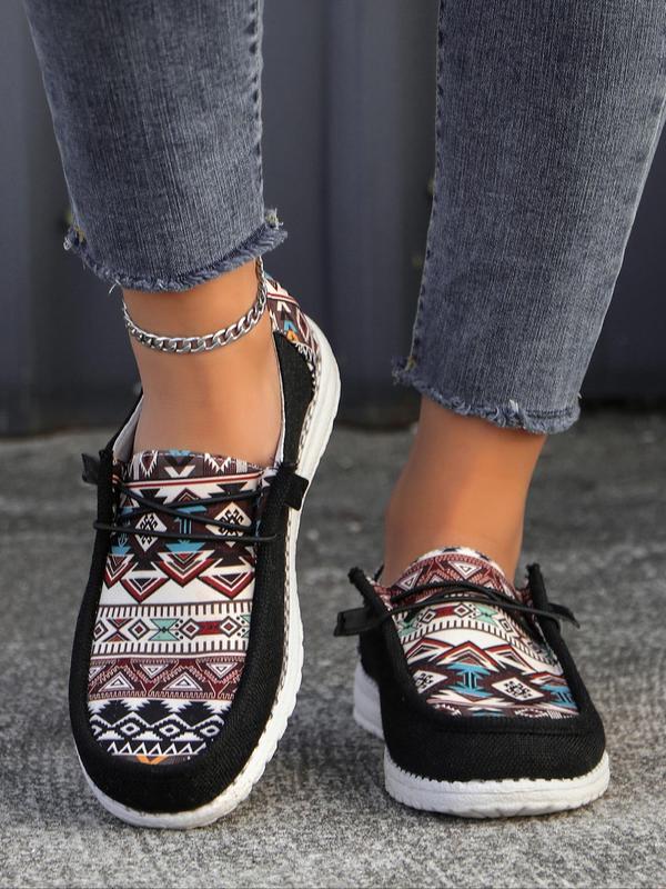 Women's Summer Fashionable Star & Striped Pattern Lace Up Front Canvas Shoes, Casual Comfortable Low Top Outdoor Shoes for Daily Wear, New Trendy Loafers, Fall Outfits, Fall Freshness for Fall 2024 Fall Outfits