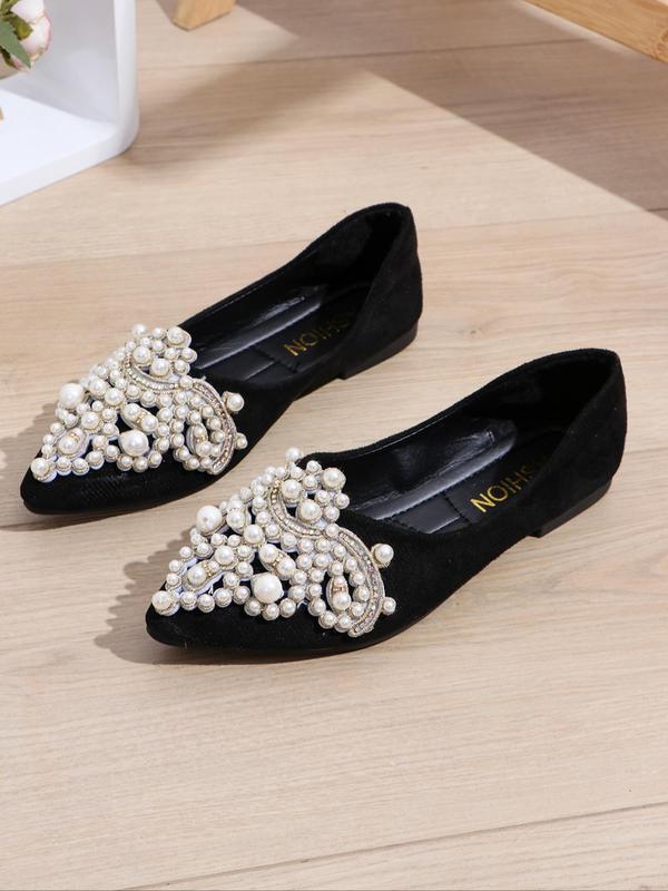 Women's Faux Pearl Rhinestones Decorated Slip on Flats, Casual Pointed Toe Shoes for Daily Wear, All-match Loafers for Women & Girls, for Birthday Gift