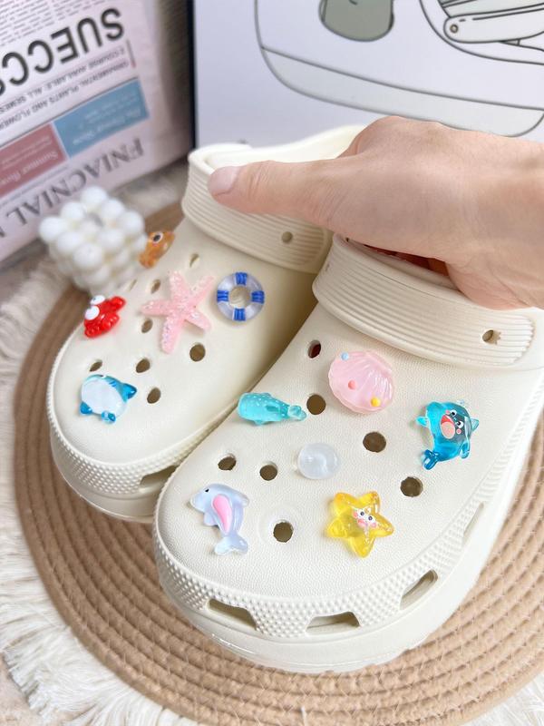 Cute Cartoon Starfish & Shell Design Shoe Decoration, 11pcs Fashionable Shoes Decorations for Clogs, Shoes DIY Accessories for Women & Girls