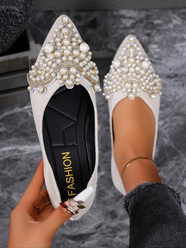 Women's Faux Pearl Rhinestones Decorated Slip on Flats, Casual Pointed Toe Shoes for Daily Wear, All-match Loafers for Women & Girls, for Birthday Gift