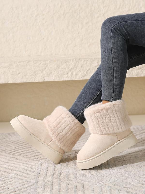 Women's Fashionable Contrast Faux Fur Design Ankle Boots, Casual Warm Fluffy Lined Snow Boots for Winter, Female All-match Trendy Shoes for Daily Wear