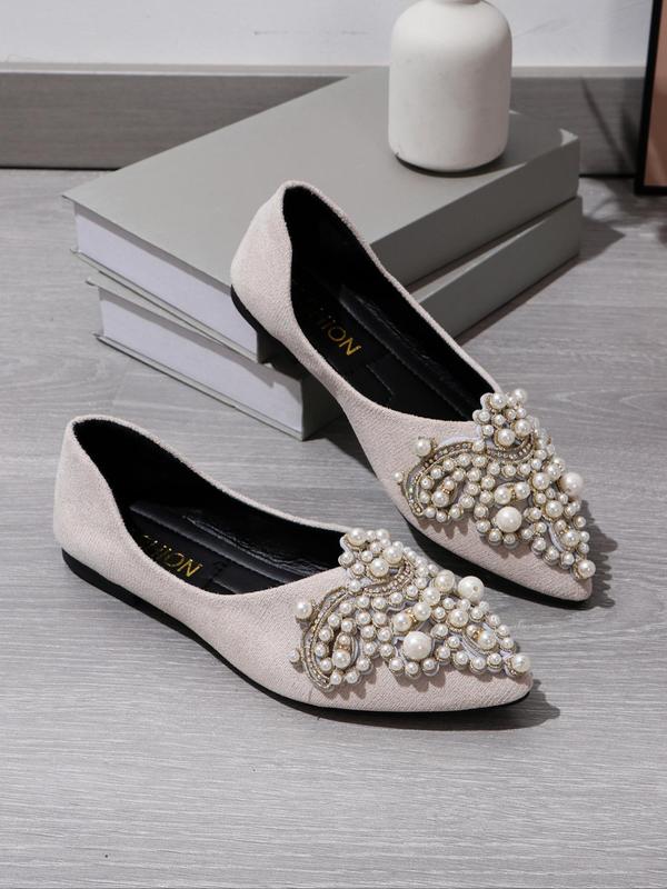 Women's Faux Pearl Rhinestones Decorated Slip on Flats, Casual Pointed Toe Shoes for Daily Wear, All-match Loafers for Women & Girls, for Birthday Gift