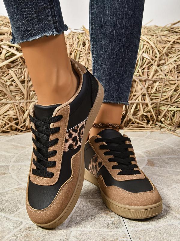 Women's Fashionable Leopard Print Lace Up Low Top Sneakers, Casual Comfortable Sports Shoes for Daily Wear, Female All-match Round Toe Shoes for Fall & Winter