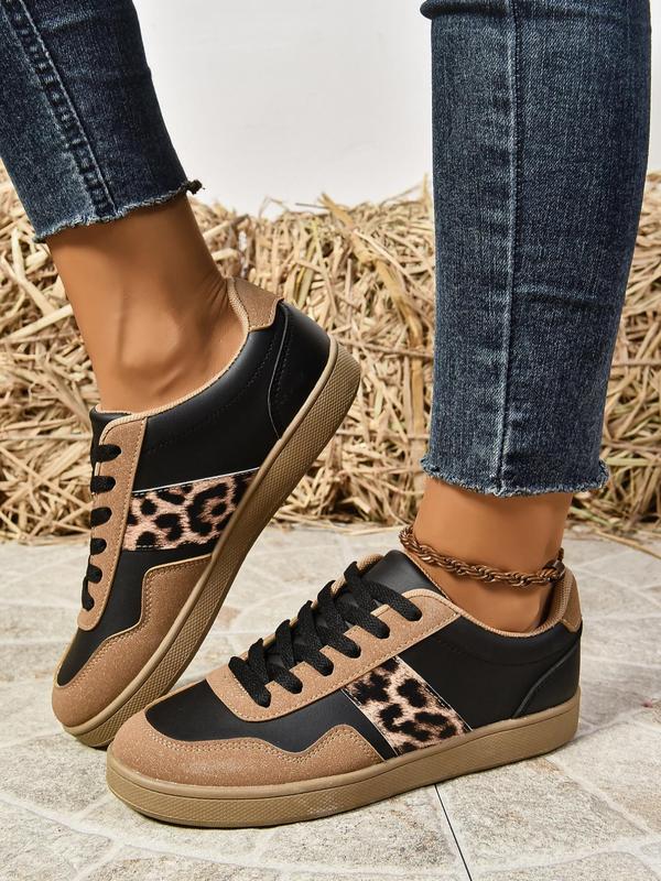 Women's Fashionable Leopard Print Lace Up Low Top Sneakers, Casual Comfortable Sports Shoes for Daily Wear, Female All-match Round Toe Shoes for Fall & Winter