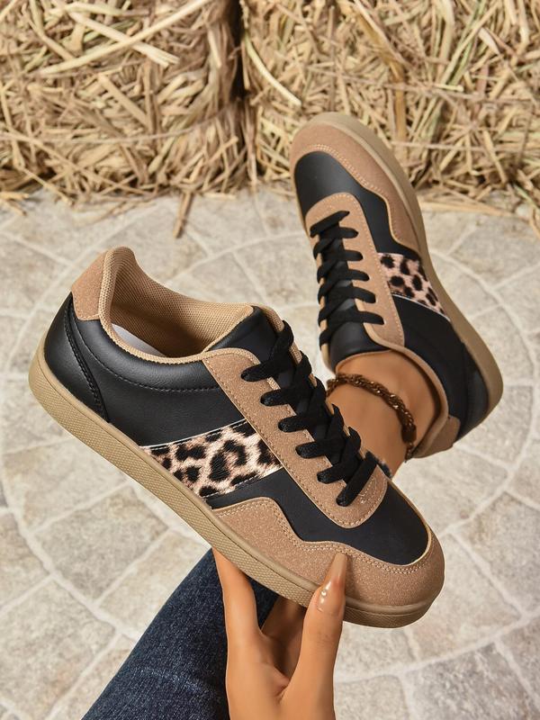 Women's Fashionable Leopard Print Lace Up Low Top Sneakers, Casual Comfortable Sports Shoes for Daily Wear, Female All-match Round Toe Shoes for Fall & Winter