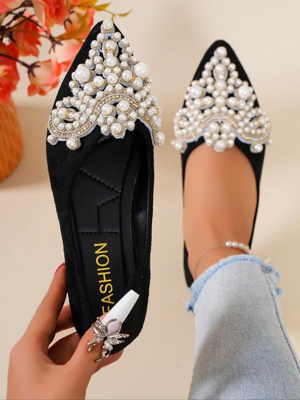 Women's Faux Pearl Rhinestones Decorated Slip on Flats, Casual Pointed Toe Shoes for Daily Wear, All-match Loafers for Women & Girls, for Birthday Gift