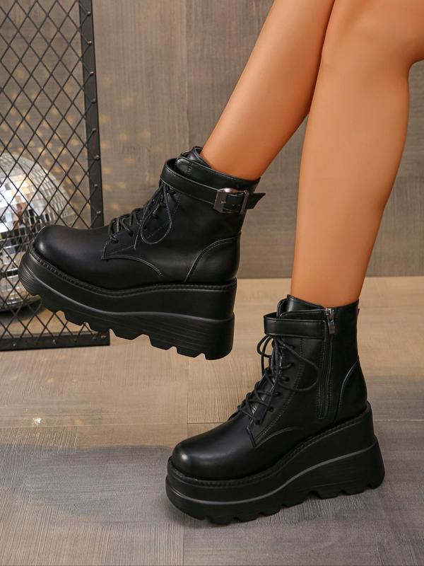 Women's Fashionable Punk Style Platform Boots, Casual Trendy Lace Up Round Toe Boots, Fashionable Shoes for Daily Wear Boots For Women