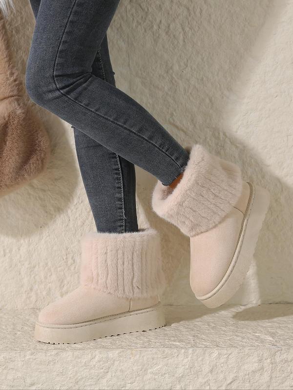 Women's Fashionable Contrast Faux Fur Design Ankle Boots, Casual Warm Fluffy Lined Snow Boots for Winter, Female All-match Trendy Shoes for Daily Wear