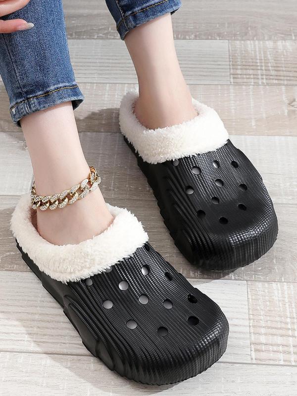 Women's Minimalist Casual Plain Round Toe Slip on Clogs, Simple Design Plush Inside Warm & Soft Clogs for Fall & Winter