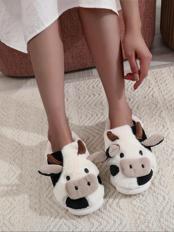 Women's Cute Cow Design Plush Slippers, 2024 New Style Casual Soft Comfortable Home Slippers, Warm Slippers for Indoor & Outdoor Use for Fall & Winter