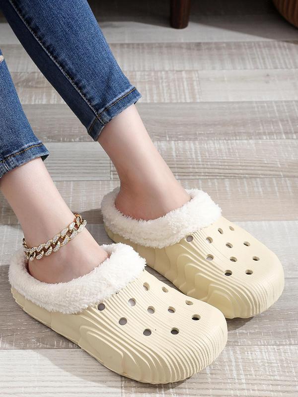 Women's Minimalist Casual Plain Round Toe Slip on Clogs, Simple Design Plush Inside Warm & Soft Clogs for Fall & Winter