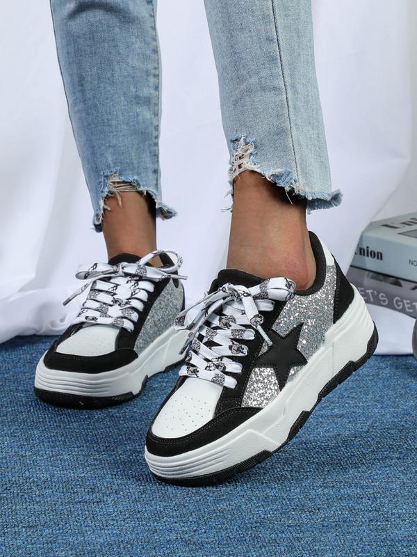 Fashionable Star Decor Lace Up Low Top Sneakers, Casual Comfortable Breathable Sports Shoes, Female All-match Round Toe Skate Shoes for Daily Wear