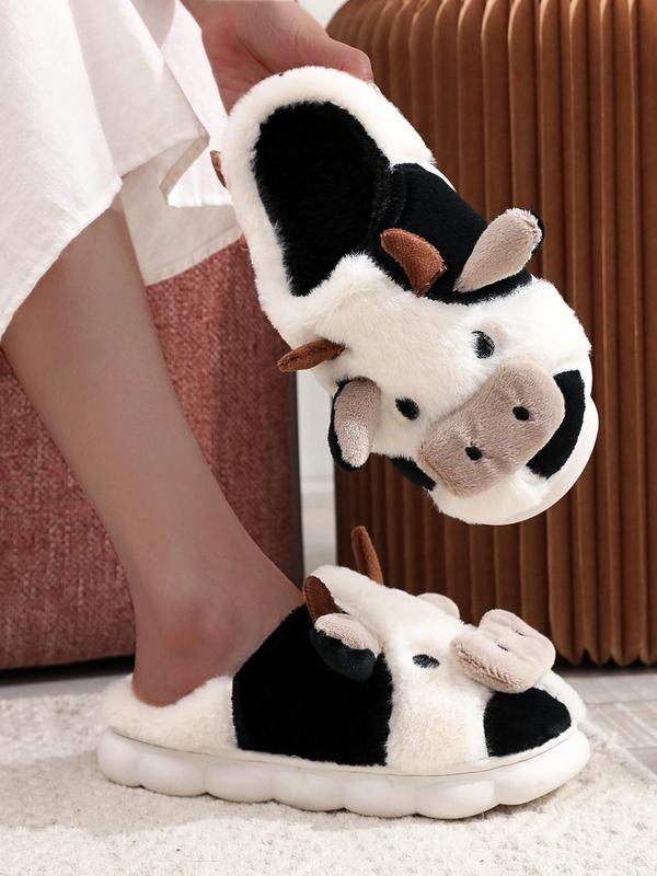 Women's Cute Cow Design Plush Slippers, 2024 New Style Casual Soft Comfortable Home Slippers, Warm Slippers for Indoor & Outdoor Use for Fall & Winter