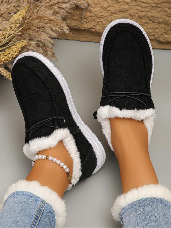 Women's Solid Color Contrast Faux Fur Lined Slip on Snow Shoes, Casual Comfortable Home Slippers, Warm Loafers for Indoor & Outdoor Wear