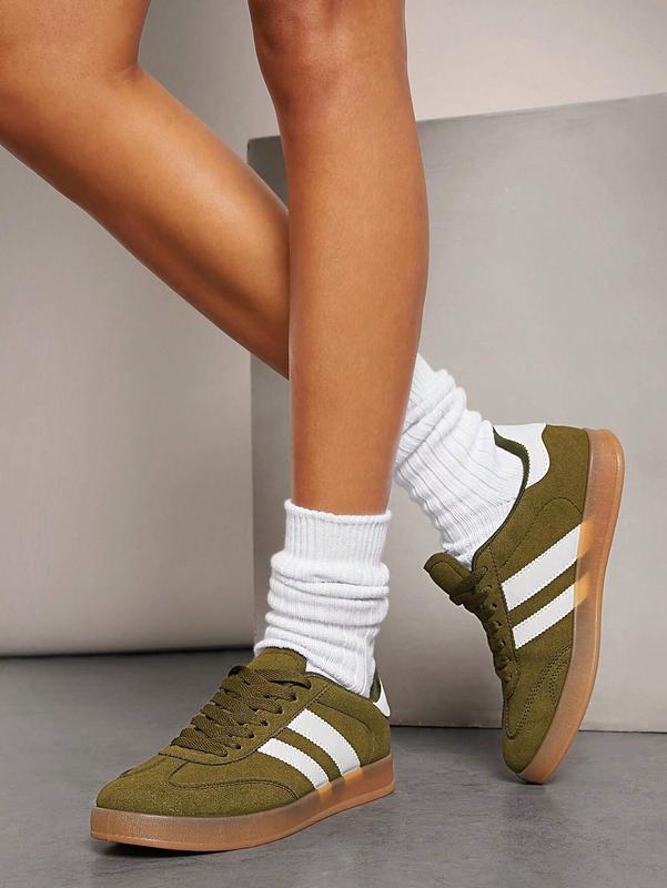 Women's Olive White Retro-Striped Sneakers With Gum Sole- Offering Timeless Style, Comfort, And A Must-Have For Trendsetters. Women's Gymnastics autumn woman