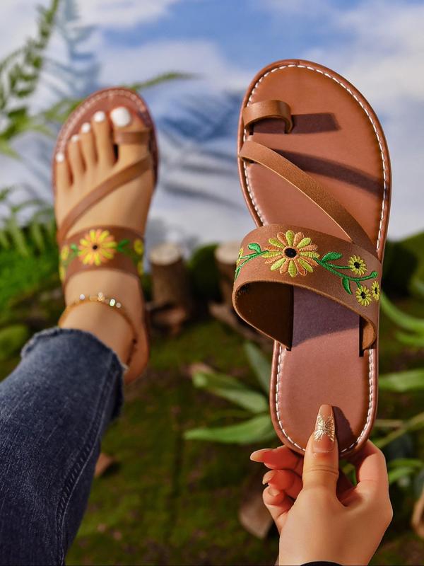 Women's Fashionable Floral Embroidery Flat Sandals, Thong Slide Sandals, Casual Comfort Slip-on Sandals for Summer Footwear, Trendy Shoes for Outdoor Beach for Girl