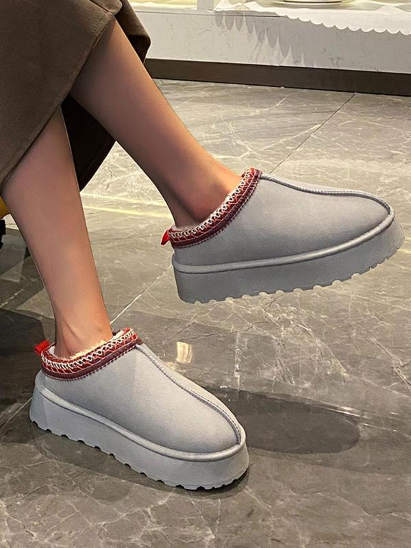 Women's Solid Color Embroidering Trim Design Plush Slip on Snow Boots, Casual Comfortable Warm Snow Boots for Fall & Winter, Fluffy All-match Boots for Daily Wear