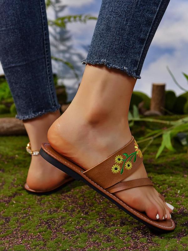 Women's Fashionable Floral Embroidery Flat Sandals, Thong Slide Sandals, Casual Comfort Slip-on Sandals for Summer Footwear, Trendy Shoes for Outdoor Beach for Girl