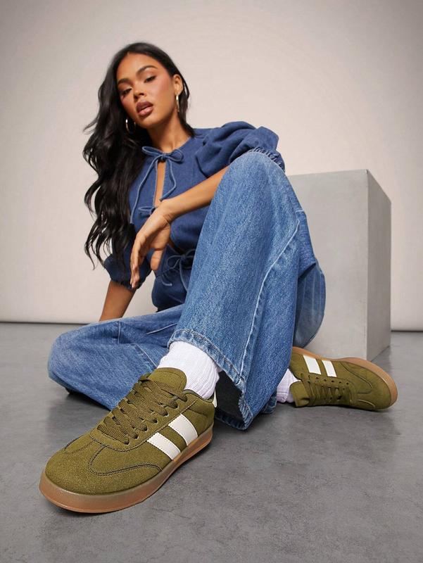 Women's Olive White Retro-Striped Sneakers With Gum Sole- Offering Timeless Style, Comfort, And A Must-Have For Trendsetters. Women's Gymnastics autumn woman