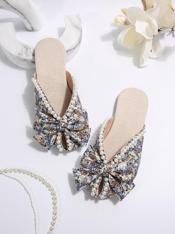 2024 Summer Faux Pearl Decorated Bowknot Design Sandals, Fashionable Ditsy Floral Pattern Slide Walking Shoes, Cute Lightweight Breathable Comfortable Shoes for Summer Beach Vacation, Footwear