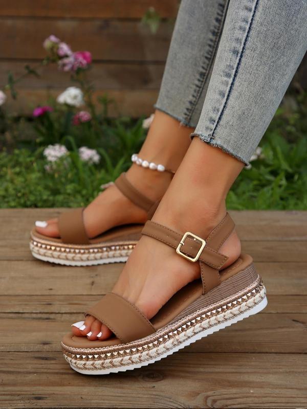 Women's Fashion Solid Color Wedge Sandals, New Trend Round Toe Buckle Design Flatform Sandals, Casual Versatile Sandals for Summer Daily Wear