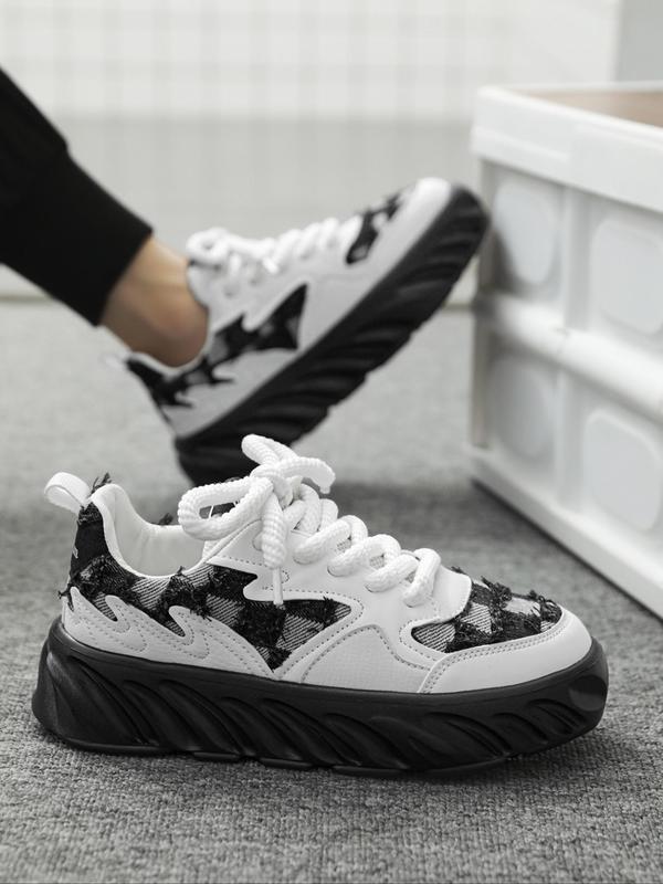 Men's Checked Pattern Lace Up Low Top Sneakers, with Raw Hem Design, Casual Comfort Breathable Sports Colorblock Running Shoes, Male All-match Round Toe Sneakers for Daily Wear