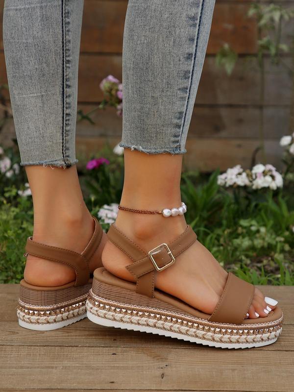 Women's Fashion Solid Color Wedge Sandals, New Trend Round Toe Buckle Design Flatform Sandals, Casual Versatile Sandals for Summer Daily Wear