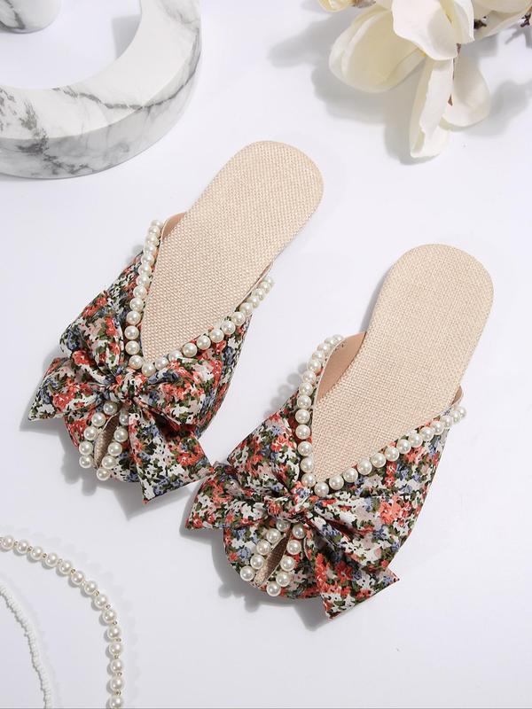 2024 Summer Faux Pearl Decorated Bowknot Design Sandals, Fashionable Ditsy Floral Pattern Slide Walking Shoes, Cute Lightweight Breathable Comfortable Shoes for Summer Beach Vacation, Footwear