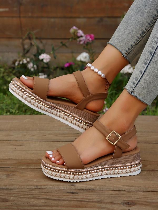 Women's Fashion Solid Color Wedge Sandals, New Trend Round Toe Buckle Design Flatform Sandals, Casual Versatile Sandals for Summer Daily Wear