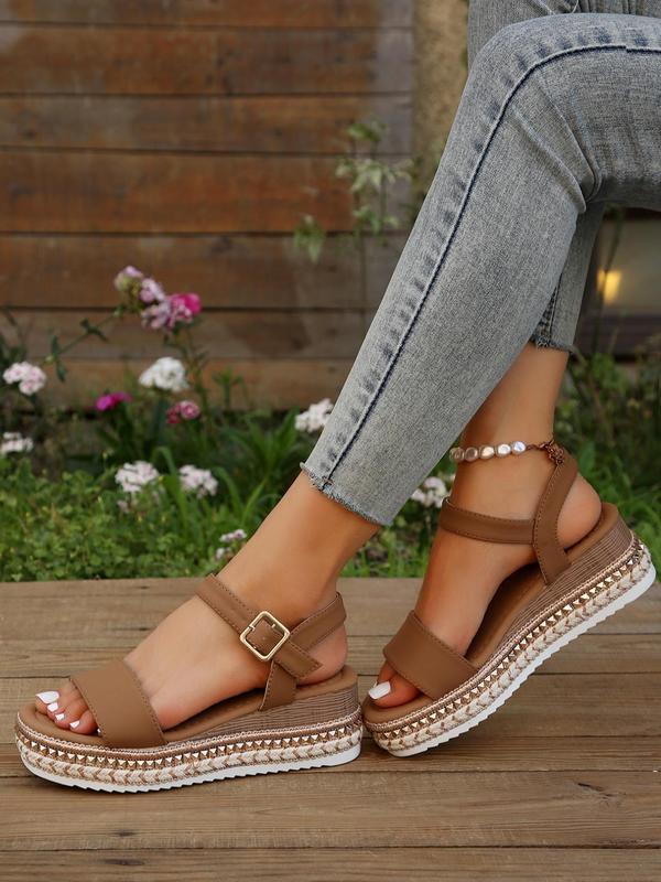 Women's Fashion Solid Color Wedge Sandals, New Trend Round Toe Buckle Design Flatform Sandals, Casual Versatile Sandals for Summer Daily Wear