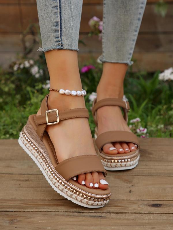 Women's Fashion Solid Color Wedge Sandals, New Trend Round Toe Buckle Design Flatform Sandals, Casual Versatile Sandals for Summer Daily Wear