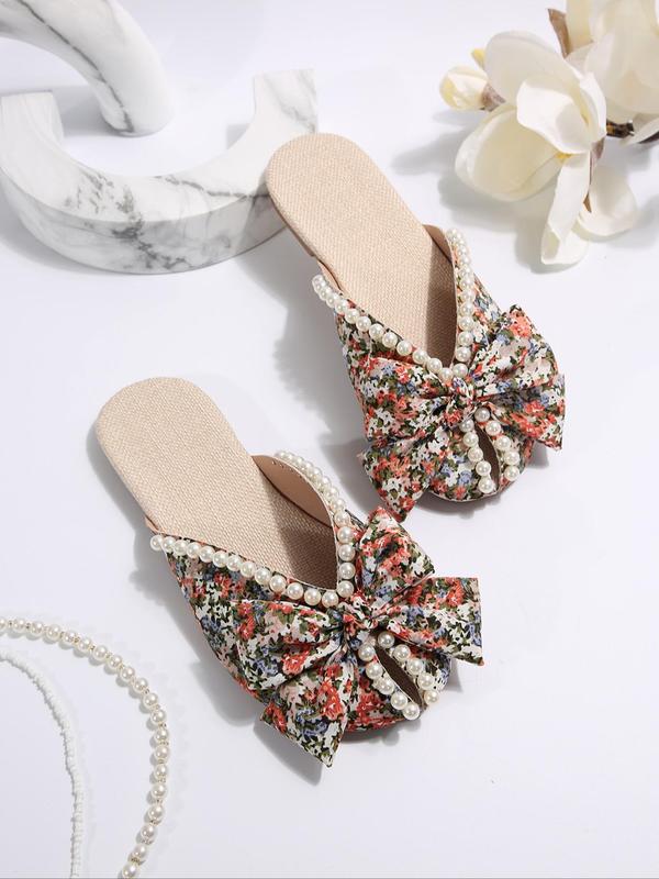 2024 Summer Faux Pearl Decorated Bowknot Design Sandals, Fashionable Ditsy Floral Pattern Slide Walking Shoes, Cute Lightweight Breathable Comfortable Shoes for Summer Beach Vacation, Footwear