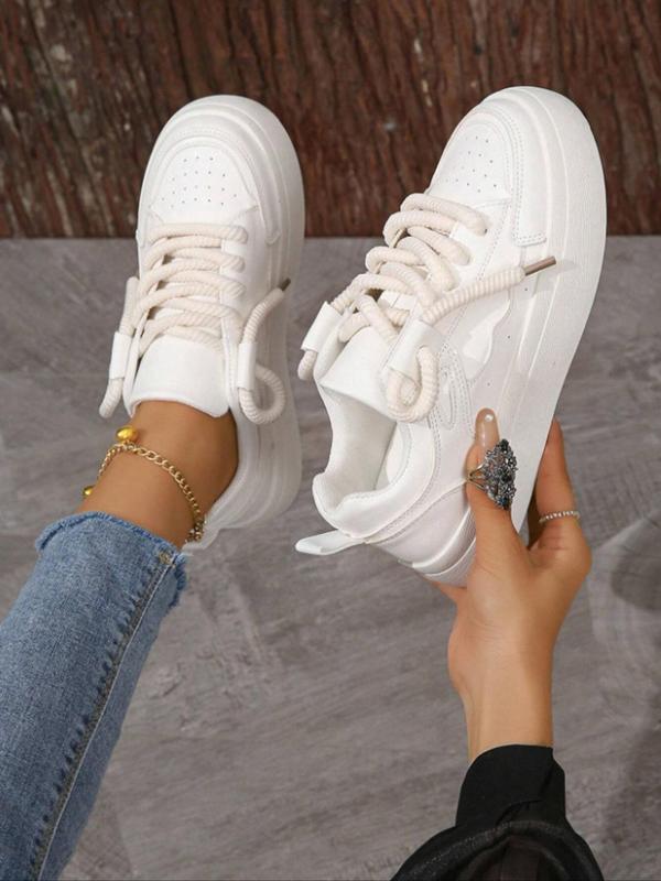 Women's Plain Bootlace Worm Lace Up Pu Leather Sneakers, Casual Comfortable Sports Shoes, All-match Round Toe Shoes for Daily Wear