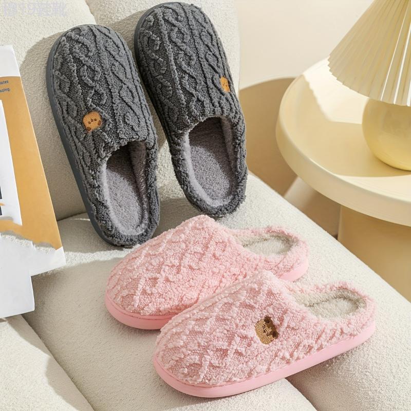 Solid Color Ho Me Warm Slippers, Slip On Soft Sole Flat Non-slip Fuzzy Shoes, Win Ter Plush Cozy Slides Shoes Footwear Girl