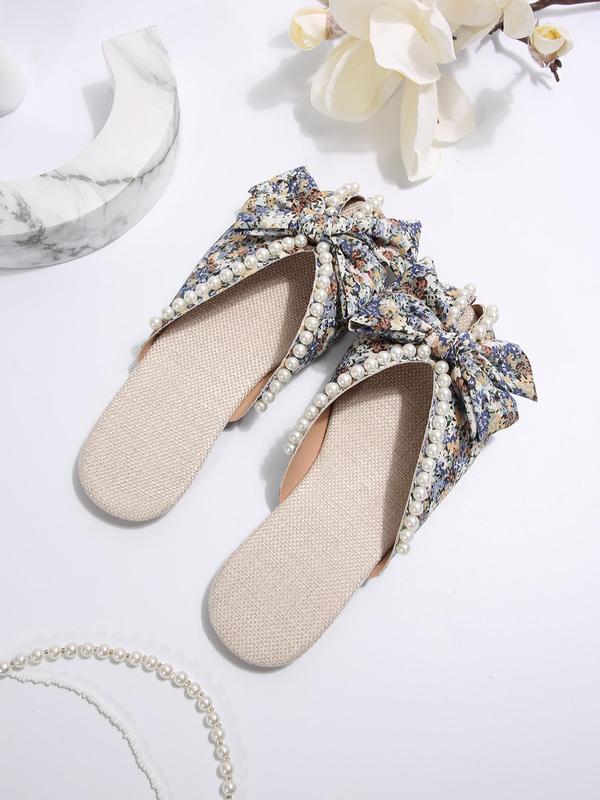 2024 Summer Faux Pearl Decorated Bowknot Design Sandals, Fashionable Ditsy Floral Pattern Slide Walking Shoes, Cute Lightweight Breathable Comfortable Shoes for Summer Beach Vacation, Footwear