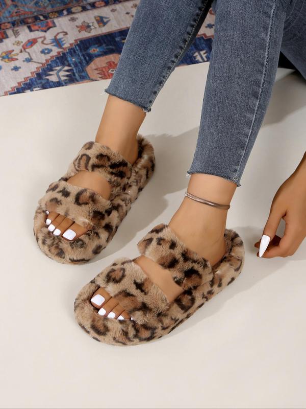 Women's Leopard Print Faux Fur Slippers, Casual Soft Comfortable Home Slippers, Warm Slippers for Indoor & Outdoor Use for All Seasons