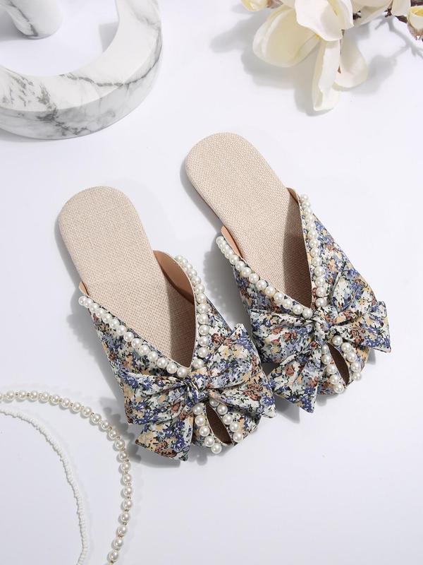 2024 Summer Faux Pearl Decorated Bowknot Design Sandals, Fashionable Ditsy Floral Pattern Slide Walking Shoes, Cute Lightweight Breathable Comfortable Shoes for Summer Beach Vacation, Footwear