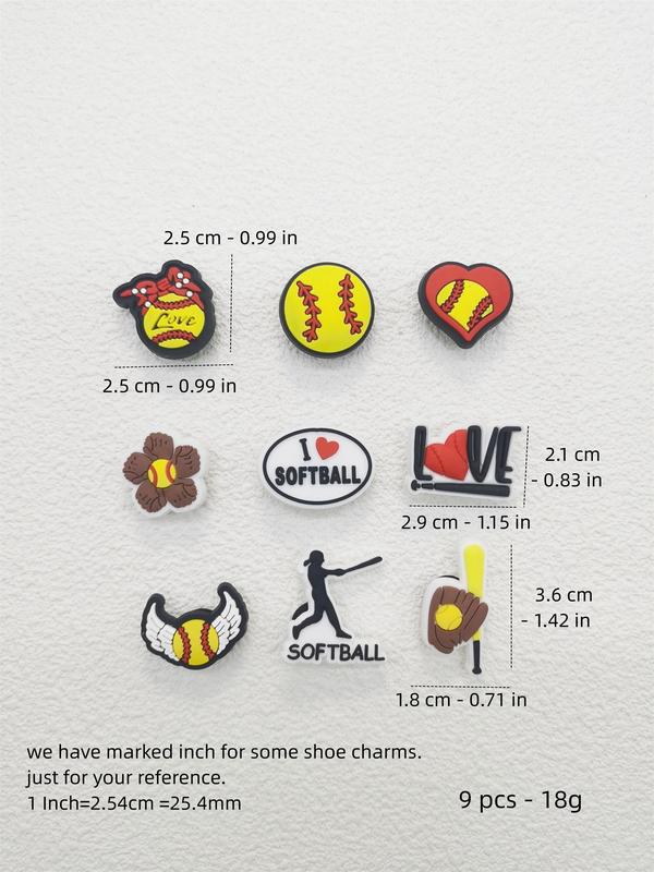 Cartoon Softball Sport Series Shoe Charm, 9pcs DIY Shoes Decoration for Clogs, Shoes Decorations for Women & Men