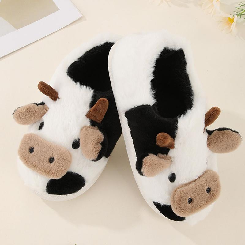 Women's Cow Slippers Cartoon Animal Comfy Full-wrapped Slippers Soft Plush Fluffy Slides House Shoes for Indoor