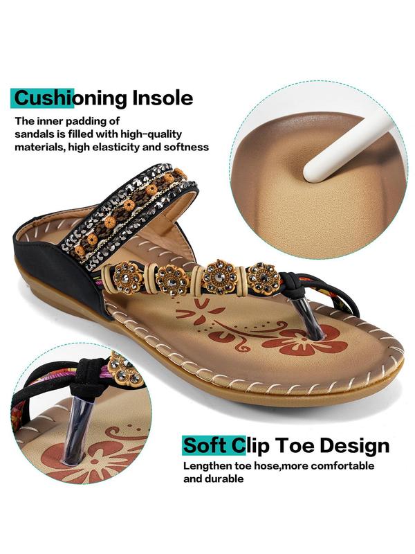 Women's Rhinestone & Beaded Decorated Flip Flops, Boho Casual Trendy Beach Pu Leather Toe Ring Slippers, Fashionable Slippers for Summer Beach Vacation