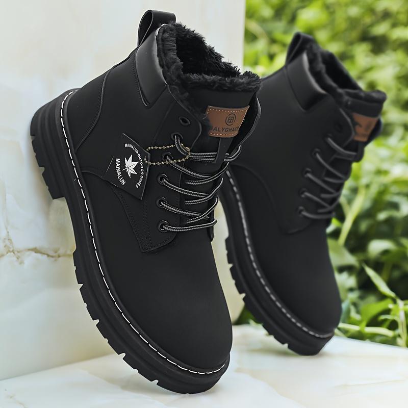 Winter Snow Boots - Thick Sole, Plush Lined for Warmth, Versatile Outdoor & Work Boots, Fashionable Motorcycle Style in Solid Color