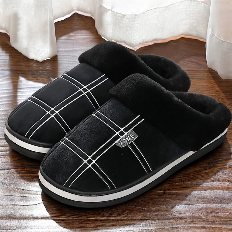 Men's Home Slippers Plush Plaid Comfortable Memory Foam Soft Non-slip Casual Bedroom Shoes Retro Winter Warm Plush Slippers Large Size