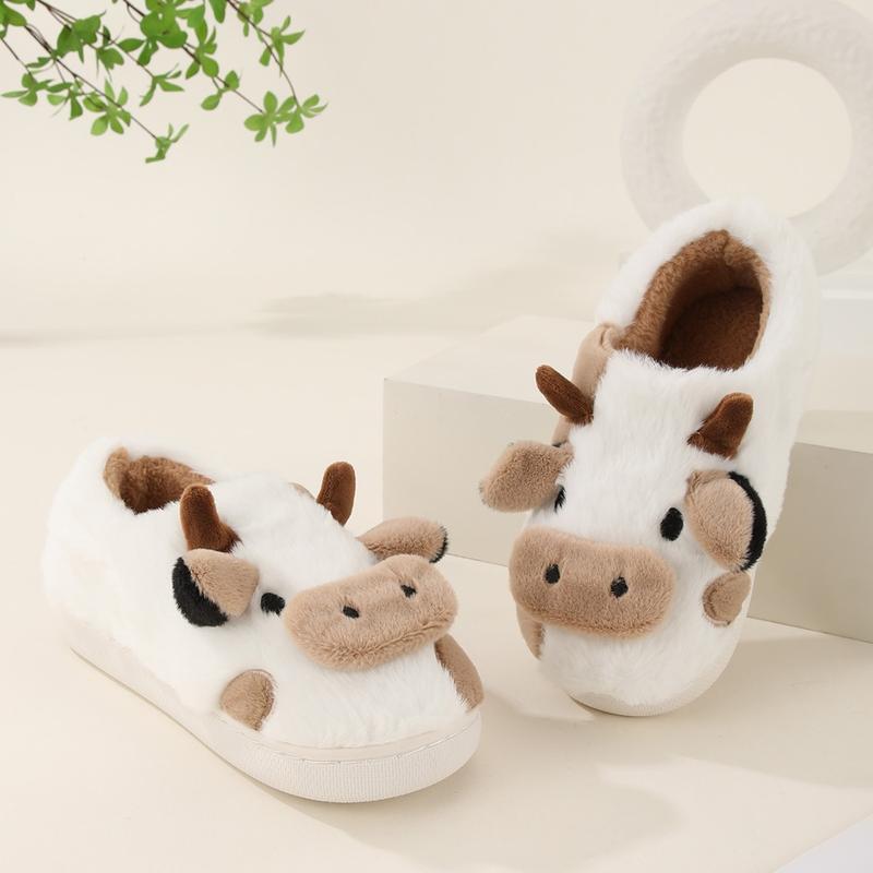 Women's Cow Slippers Cartoon Animal Comfy Full-wrapped Slippers Soft Plush Fluffy Slides House Shoes for Indoor