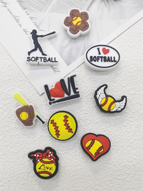 Cartoon Softball Sport Series Shoe Charm, 9pcs DIY Shoes Decoration for Clogs, Shoes Decorations for Women & Men