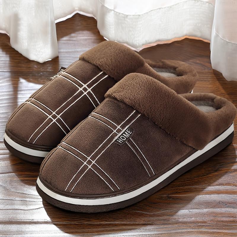 Men's Home Slippers Plush Plaid Comfortable Memory Foam Soft Non-slip Casual Bedroom Shoes Retro Winter Warm Plush Slippers Large Size